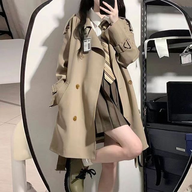 Everose-Plain Double-Breasted Trench Coat