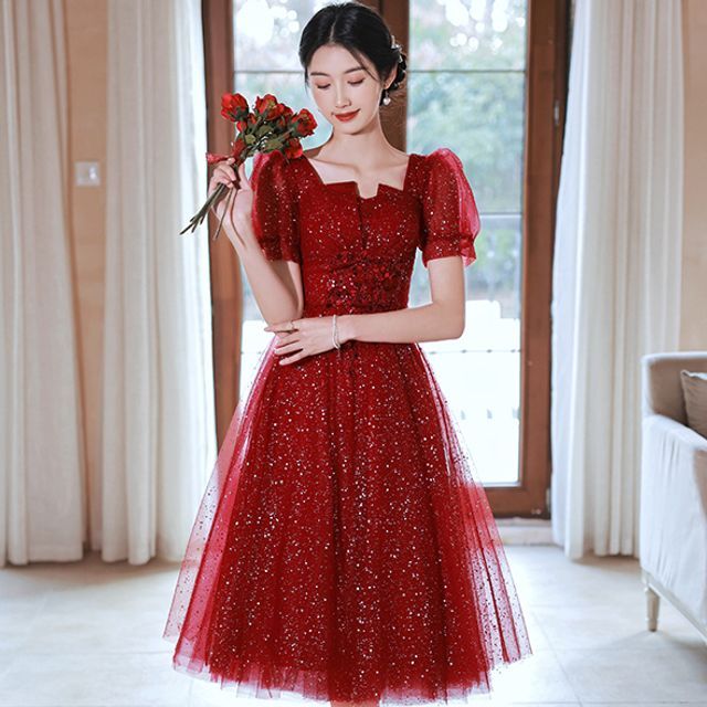 Puffy Sleeves Glittery Mesh Red Prom Dress Puffy Sleeves Glittery Mesh Red Prom Dress