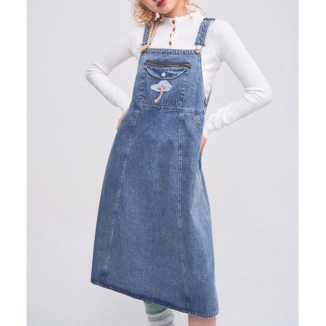 DUKA - Mushroom Embroidered Denim Midi Pinafore Dress | YesStyle