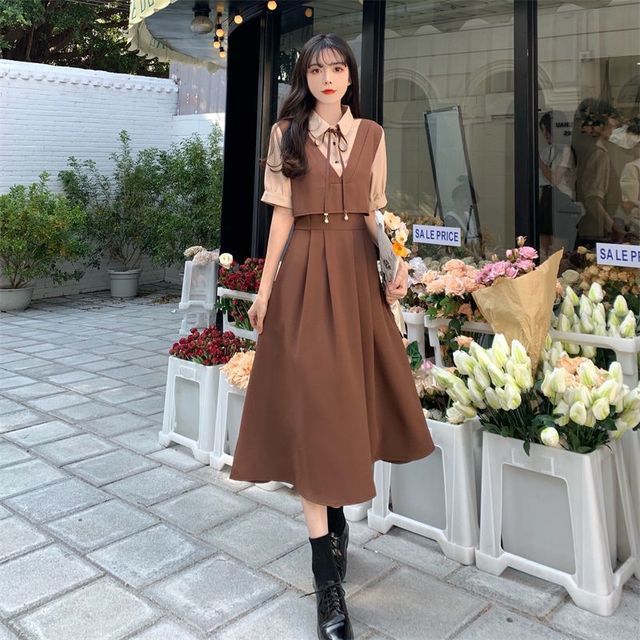 Karnel - Mock Two Piece Pleated A-Line Dress | YesStyle
