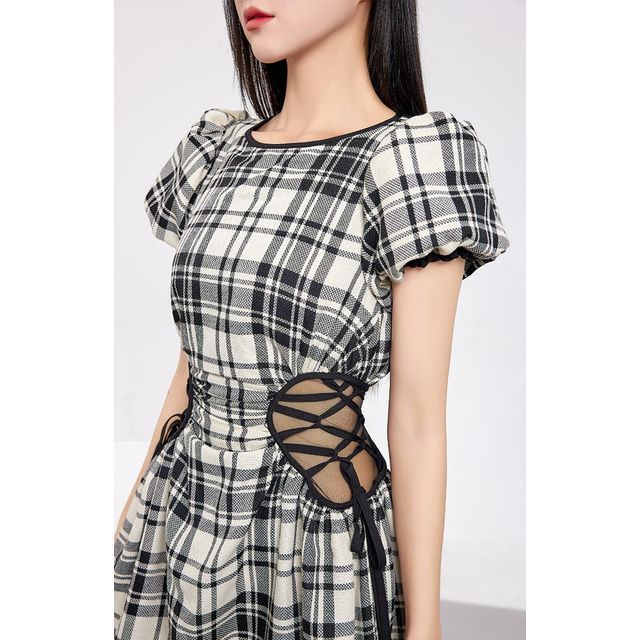 Rosewind - Puff-Sleeve Plaid Lace-Up Midi A-Line Dress | YesStyle Rosewind - Puff-Sleeve Plaid Lace-Up Midi A-Line Dress | YesStyle