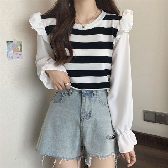 Sisyphi-Puff-Sleeve Striped Ruffled Striped T-Shirt