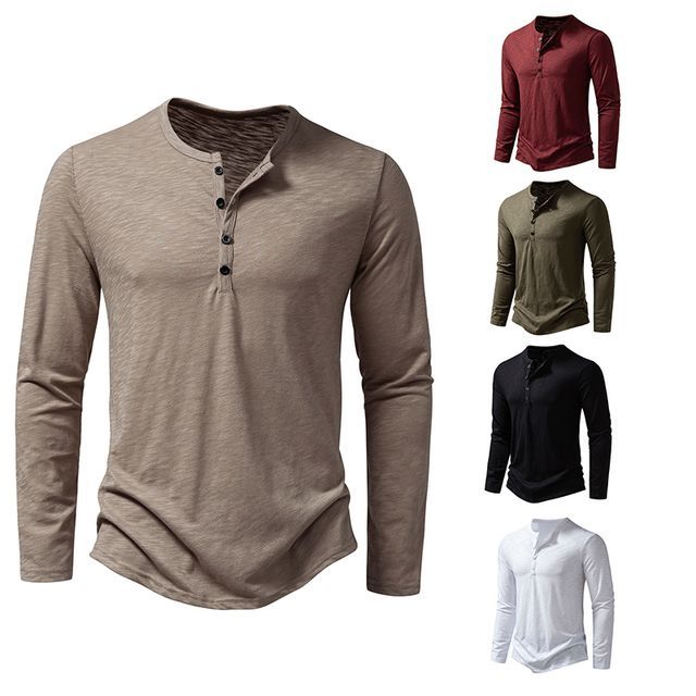 Fireon-Long-Sleeve Henley Plain T-Shirt