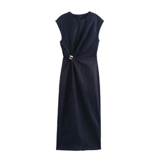 Omelia Sleeveless Crew Neck Ruched Denim Midi Sheath Dress Sale