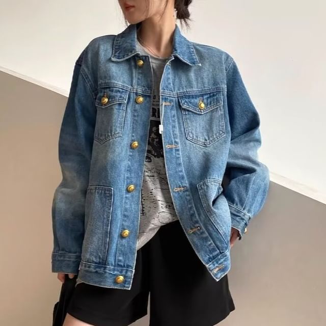 Essere-Washed Pocket Front Denim Single-Breasted Jacket