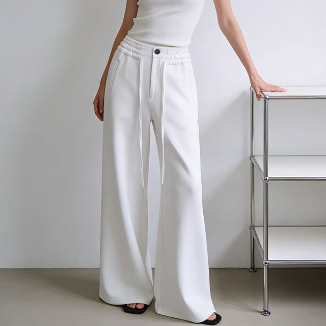Gangacore-L Drawstring Waist Plain Wide Leg Sweatpants