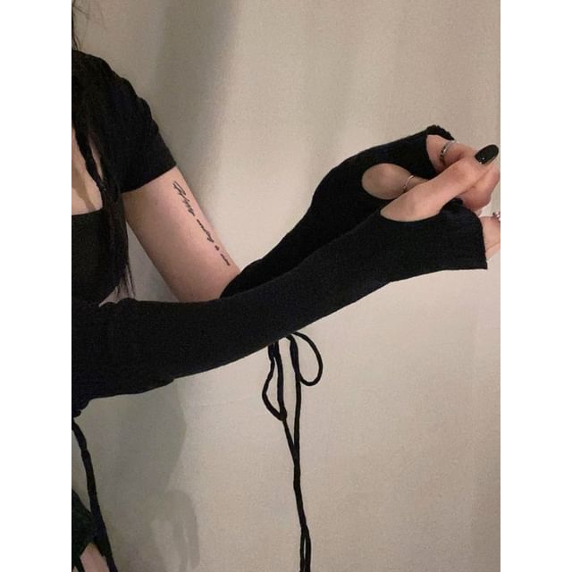 OUREA-Plain Fingerless Knit Long Gloves