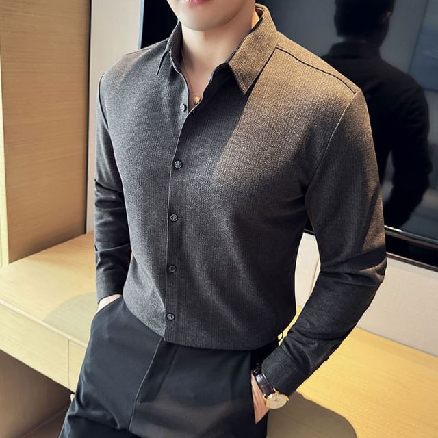 Lefitt-Long Sleeve Collared Plain Shirt