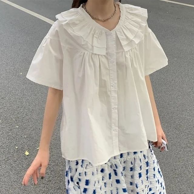 Sisyphi-Short-Sleeve Collared Plain Blouse