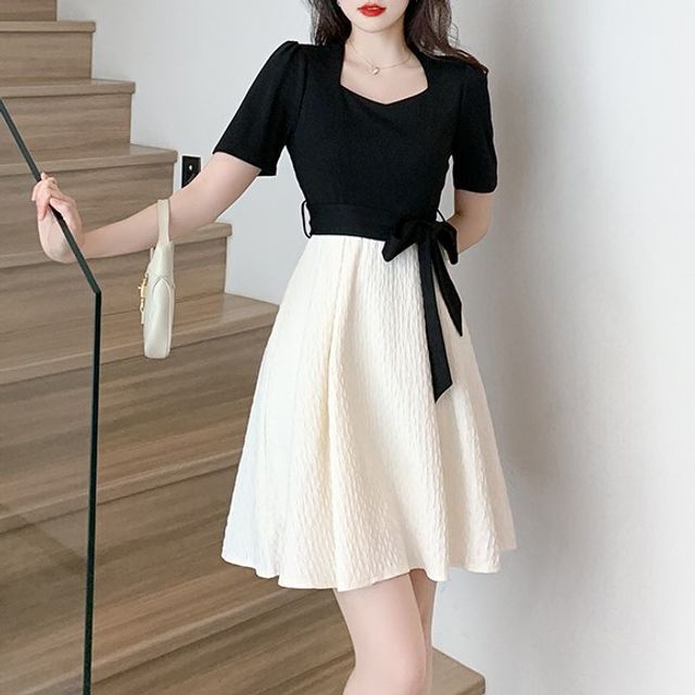 Maisee - Short-Sleeve V-Neck Two Tone A-Line Dress (Various Designs) |  YesStyle