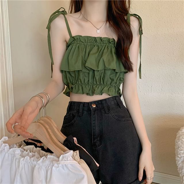 Sisyphi-Ruffle Plain Crop Knit Cami Top