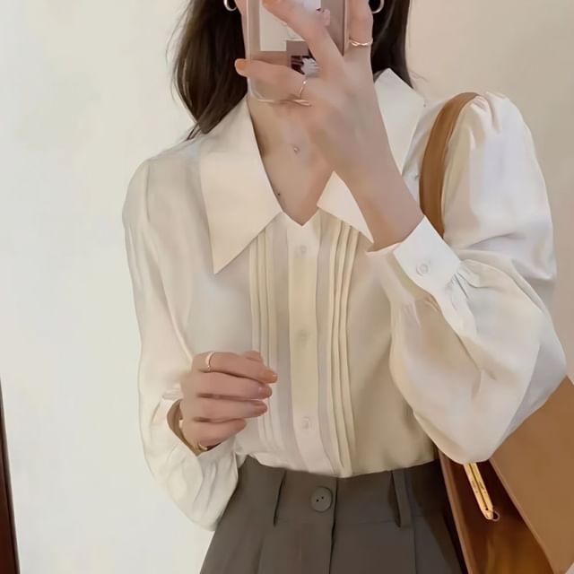 Sienne-Long-Sleeve Collared Plain Pintuck Blouse