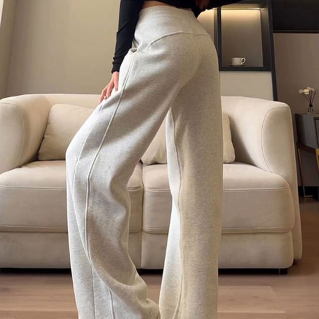 Yako-Mid Waist Plain Wide Leg Pants