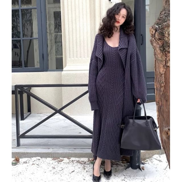 closetaine Set: Spaghetti Strap Scoop Neck Plain Maxi Ribbed