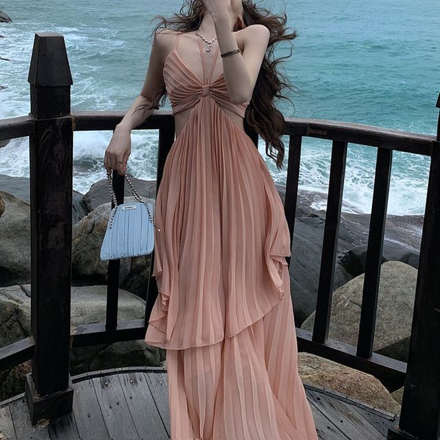 Gultown - Spaghetti Strap V-Neck Plain Maxi Pleated A-Line Dress | YesStyle Gultown - Spaghetti Strap V-Neck Plain Maxi Pleated A-Line Dress | YesStyle