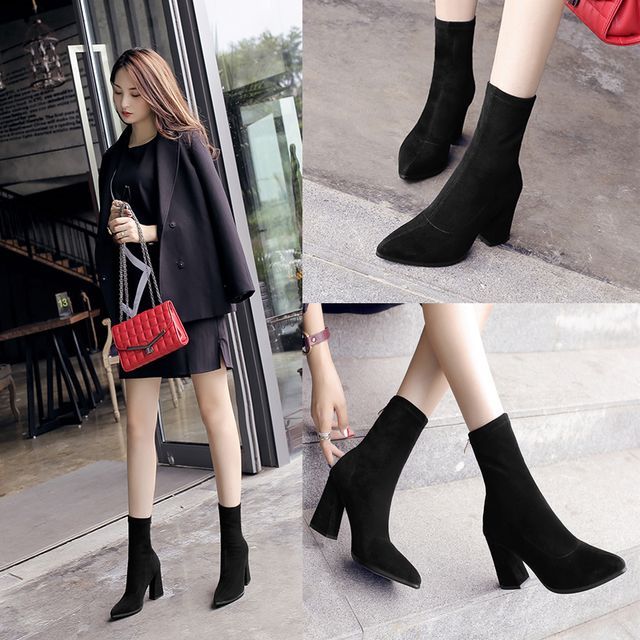 Anjay-Pointed Toe Faux Suede Block Heel Short Boots