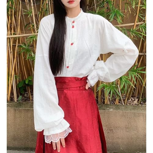 Akino - Long-Sleeve Strawberry Button Lace Trim Blouse