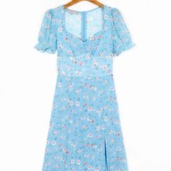 Odilia - Short-Sleeve Floral Print Midi A-Line Dress