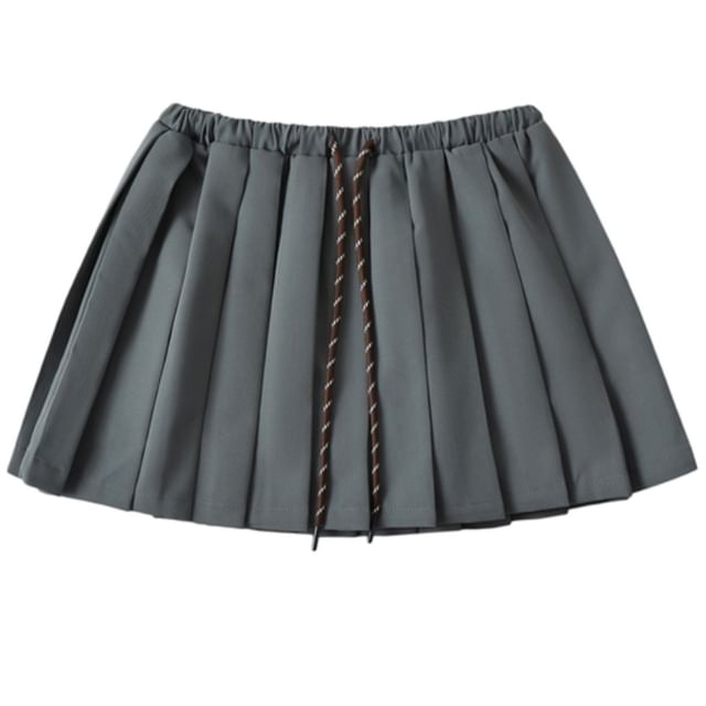 Ulark-Drawstring Waist Plain Pleated Mini A-Line Skirt