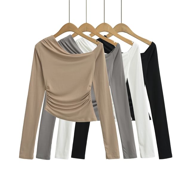 Asiris-Long Sleeve One Shoulder Plain Ruched Top