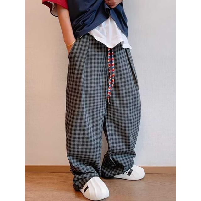 Naideth-High Waist Plaid Wide Leg Pants