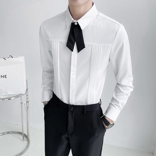 FORSETI-Long Sleeve Lapel Collared Plain Pleated Shirt