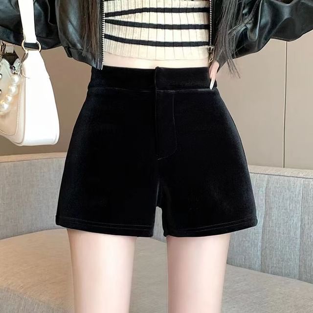 Everose-High Waist Plain Velvet Shorts