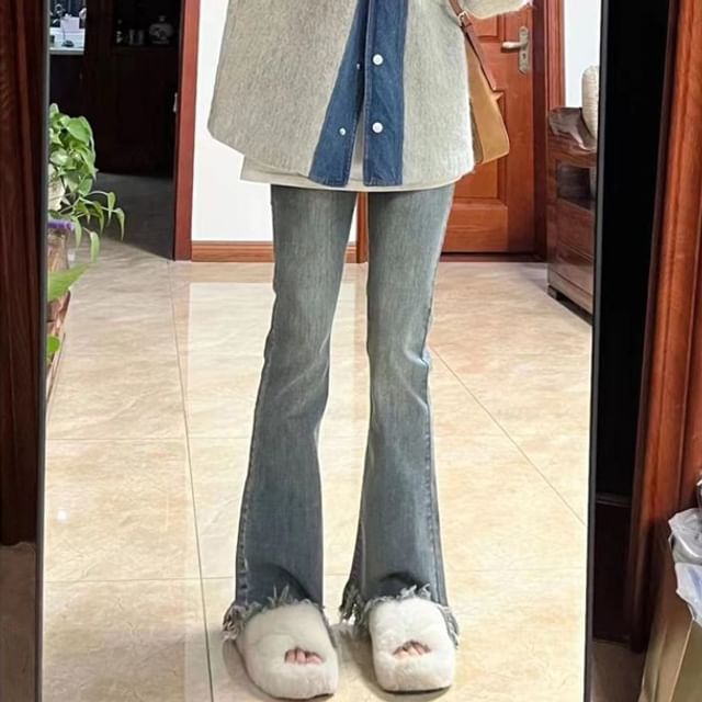 Everose-High Rise Washed Fringe Flared Jeans