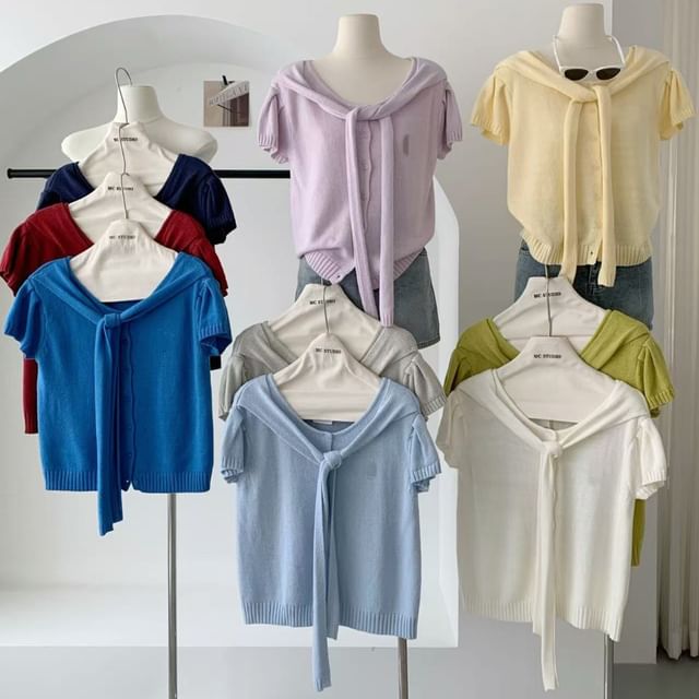 Dute-Mock Two-Piece Short-Sleeve Crew Neck Button-Up Plain Cardigan