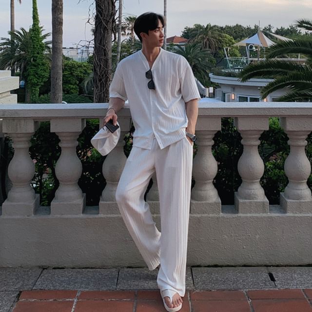 DragonRoad-Set Elbow-Sleeve V-Neck Plain Crinkle Button-Up Shirt Drawstring Waist Loose Fit Pants