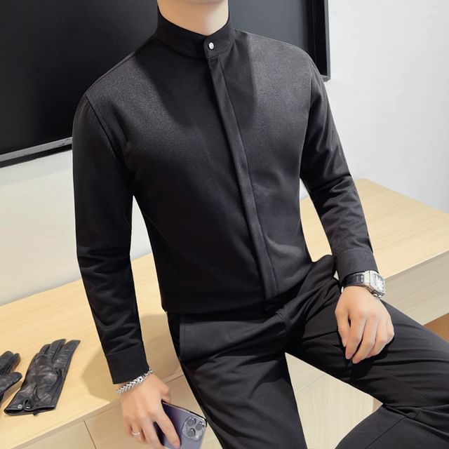 Lefitt-Long-Sleeve Mock Neck Plain Shirt