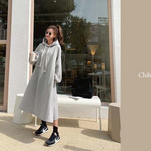 Fleece-Lined A-Line Long Hoodie Dress 