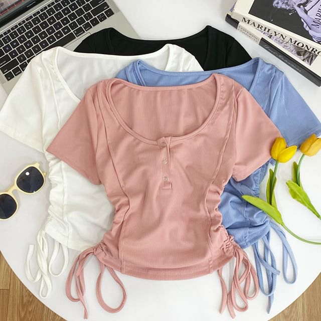 Iasia-Short-Sleeve Plain Drawstring Henley Tee