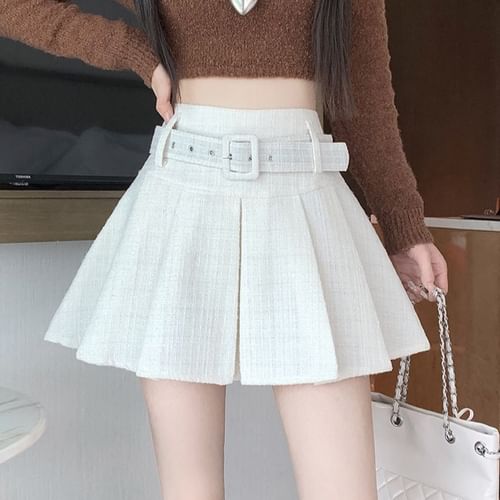 Magimomo - High Waist Pleated Belted Tweed Mini A-Line Skirt