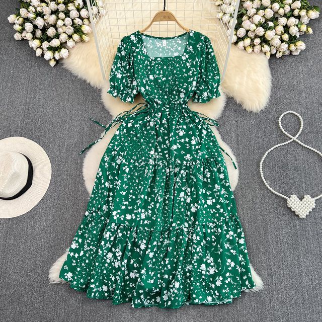 Prieney - Short-Sleeve Square Neck Floral Midi A-Line Dress | YesStyle