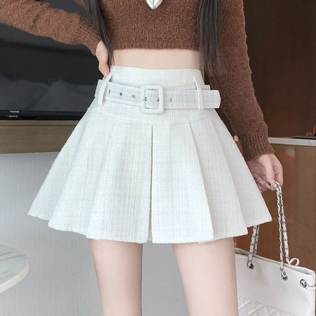 Magimomo - High Waist Pleated Belted Tweed Mini A-Line Skirt