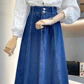 MISSJAND High Waist Denim A Line Skirt Long Sleeve Lace Blouse