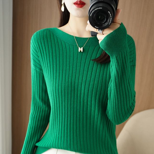 Cloud Nine-Long-Sleeve Boat Neck Plain Ribbed Knit Top