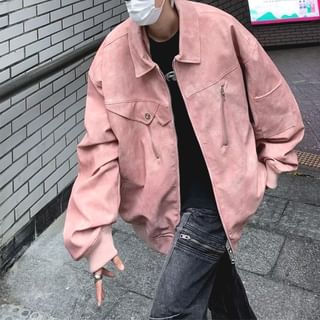Lorencho-Washed Oversized Faux Leather Zip Jacket