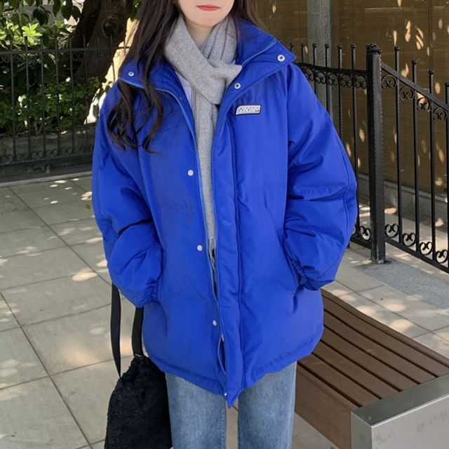 Yako-Long-Sleeve Stand-Collar Plain Padded Coat
