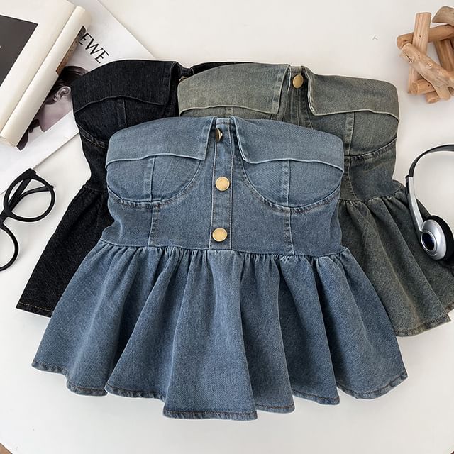 DIYI-Halter Peplum Panel Denim Tube Top