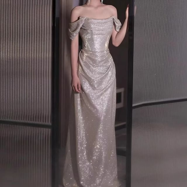 Fioridi-Sleeveless Off Shoulder Plain Glitter Ruched Sheath Evening Gown