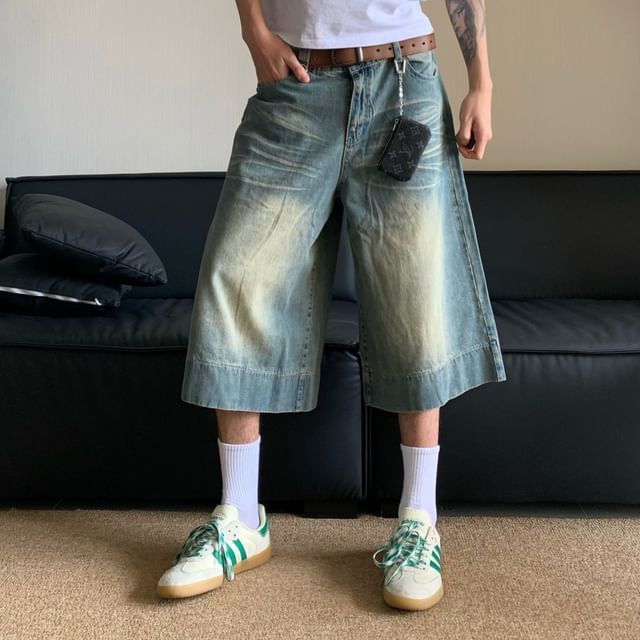 Double White-Low Rise Washed Denim Shorts