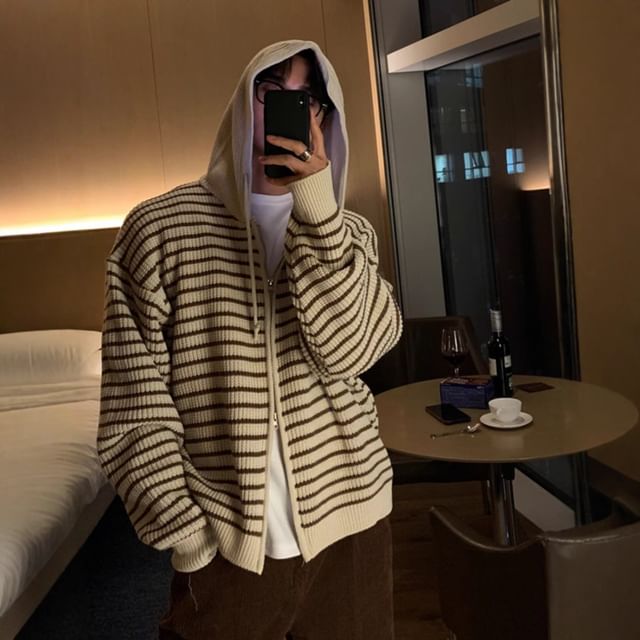 DuckleBeam-Drawstring Striped Zip Up Cardigan