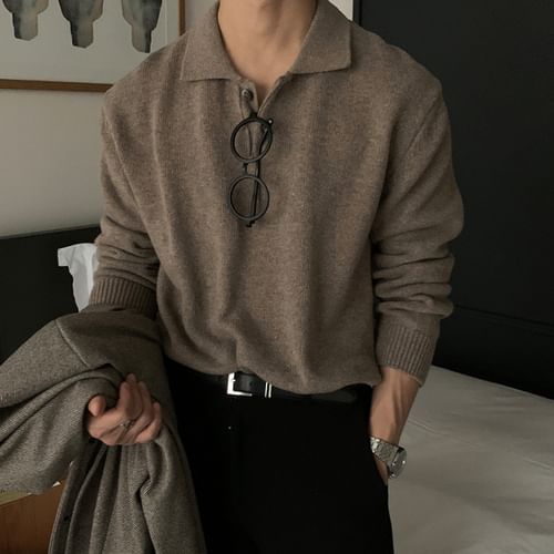 Okwano Plain Knit Polo Shirt Gray L
