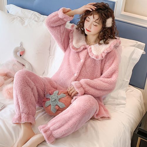 Dazzli - Pajama Set: Coral Fleece Fluffy Button-Up Shirt + High