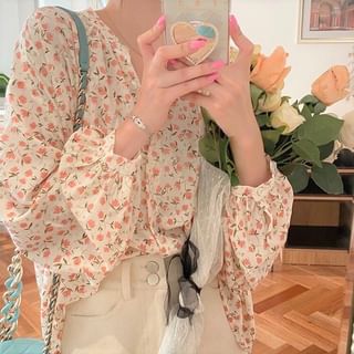 Inchioh Long-Sleeve Crew Neck Floral Print Chiffon Button-Up Blouse