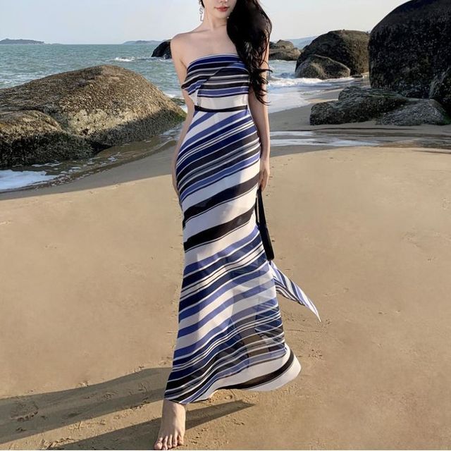 fitted lace wedding dress Natalia Blue Striped Strapless Plisse Maxi Dress