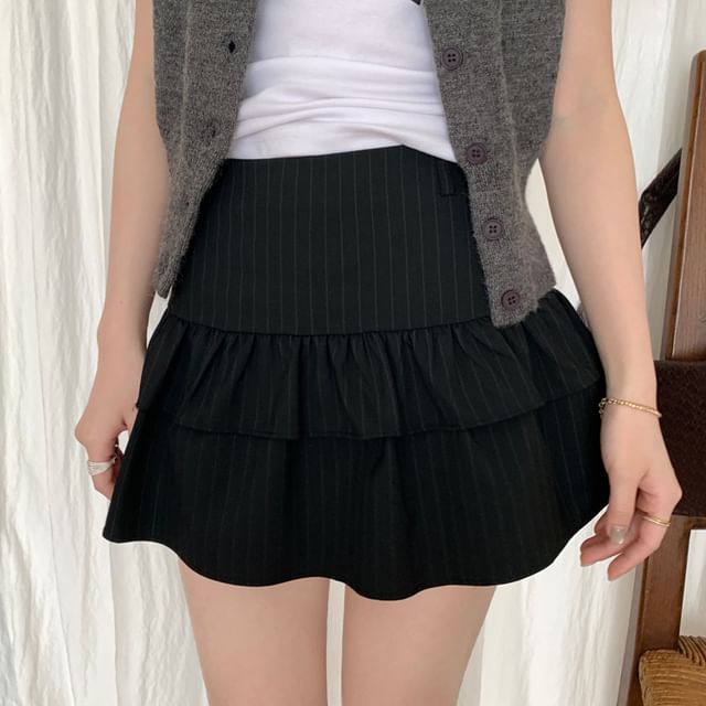 Beem-High Rise Plain Pinstriped Mini A-Line Skirt