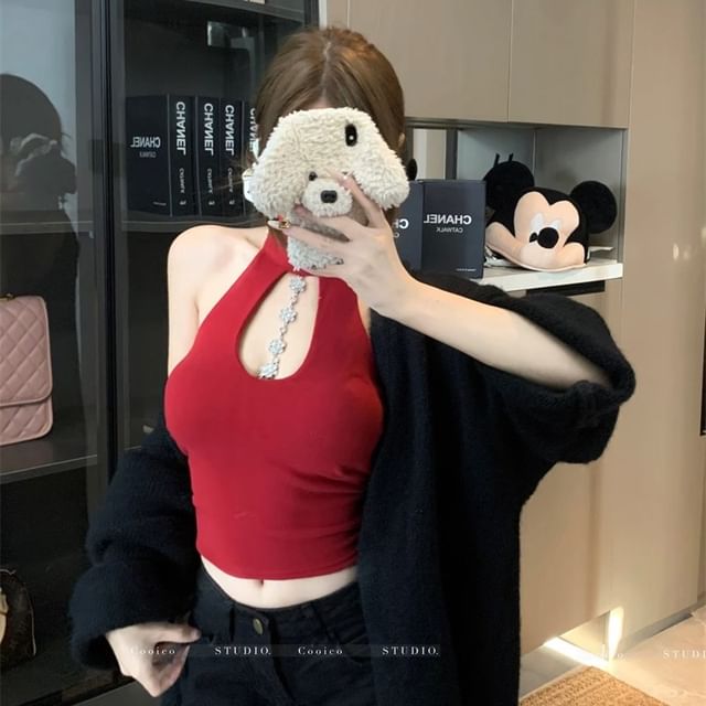 Whoosh-Sleeveless Beaded Plain Crop Top